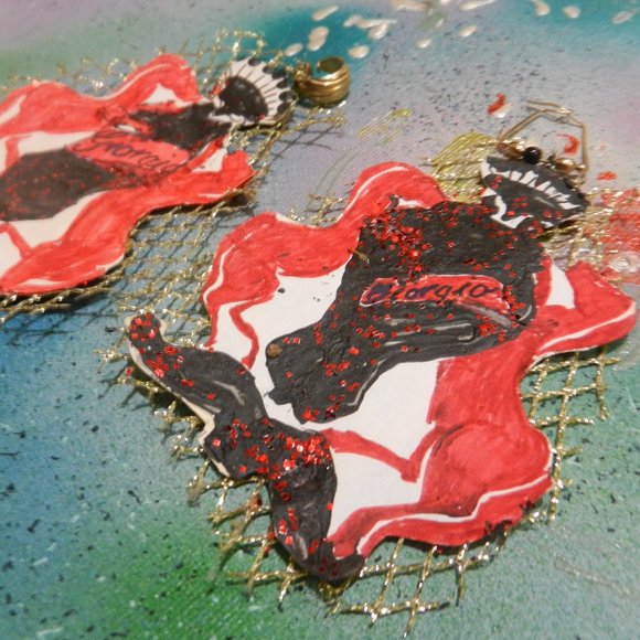 VTG Handmade paper crafted earrings black red gold mesh glitter clip or pierce - Picture 3 of 5